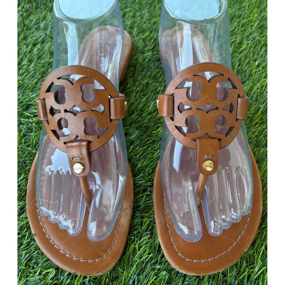 Tory Burch Miller Sandals Tan Leather Thong Medallion Flat Shoes Womens 8M